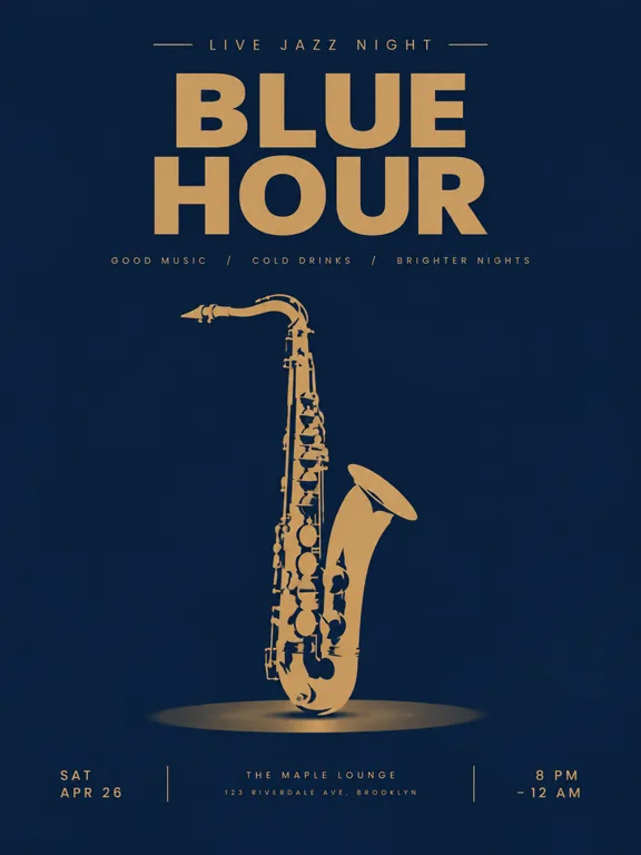 A minimalist poster for a jazz night called "BLUE HOUR", bold sans-serif title, deep navy and brass colours, one saxophone silhouette, lots of negative space