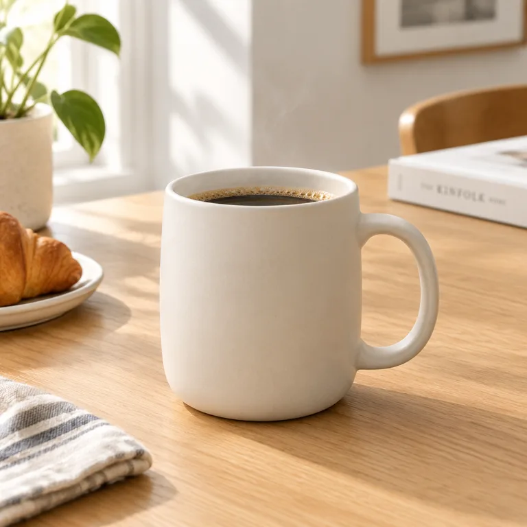 Studio product photo of a matte ceramic coffee mug on a light oak table, soft window light from the left, shallow depth of field
