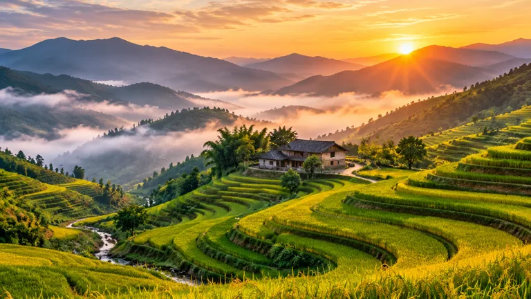 Wide cinematic landscape of terraced rice fields at sunrise, low mist in the valleys, warm golden light, a small farmhouse in the middle distance