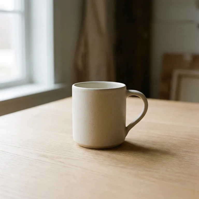 Studio product photo of a matte ceramic coffee mug on a light oak table, soft window light from the left, shallow depth of field