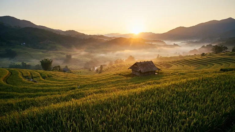 Wide cinematic landscape of terraced rice fields at sunrise, low mist in the valleys, warm golden light, a small farmhouse in the middle distance